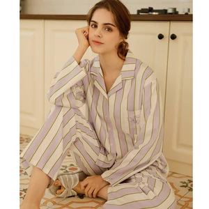 2023 Autumn Cotton Sanded Fox Embroidered Pocket Jasmine Purple Striped Pajamas for Women Long Sleeve Simple Home Service Suit