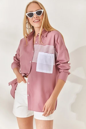 Olalook Pale Pink Pocket Detailed Oversize Woven Shirt