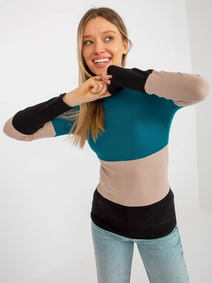 Blue-green and black ribbed blouse with a simple turtleneck