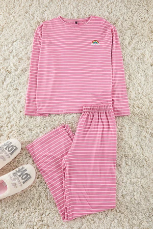 Trendyol Pink Striped Rainbow Printed Viscose Knitted Pajama Set