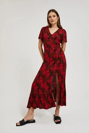 Women's dress with V-neck and tropical print MOODO - red