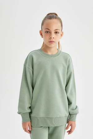 DEFACTO Girl Light Green Relax Fit Crew Neck Cotton Basic Plain School Sweatshirt