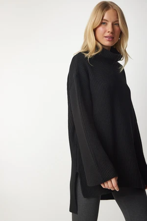 Happiness İstanbul Women's Black Turtleneck Oversized Knitwear Sweater