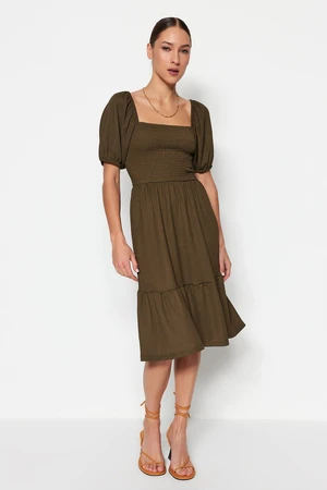 Trendyol Khaki Open-Waist/Skater Square Neck Balloon Sleeve Midi Crepe Knit Dress