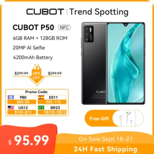 Cubot P50 2022 New Smartphone Android 6GB RAM 128GB ROM(256GB Extended) 4200mAh 6.217 inch NFC 20MP Camera Mobile Phones celular