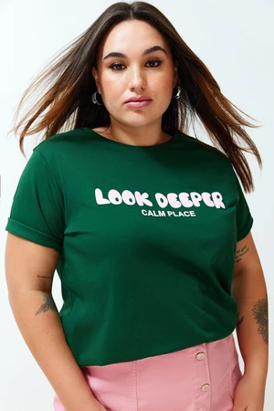 Trendyol Curve Dark Green Slogan Printed Boyfriend Knitted T-shirt