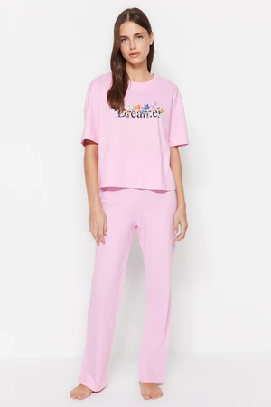 Trendyol Light Pink 100% Cotton Motto Printed T-shirt-Pants Knitted Pajamas Set