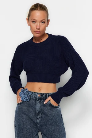 Trendyol Navy Blue Super Crop Crew Krk Pletený sveter