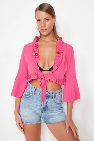 Trendyol Fuchsiová Crop Tkaná Volánová Halenka