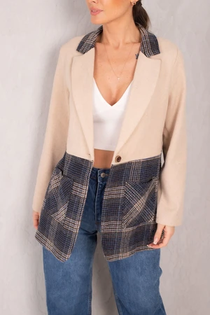 armonika Women's Beige Plaid Pattern Pocket Single Button Stash Jacket