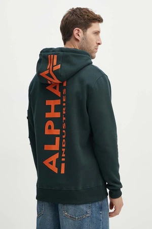 Mikina Alpha Industries pánska, zelená farba, s kapucňou, s potlačou