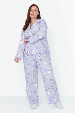 Trendyol Curve Lilac Rabbit Printed Woven Pajamas Set