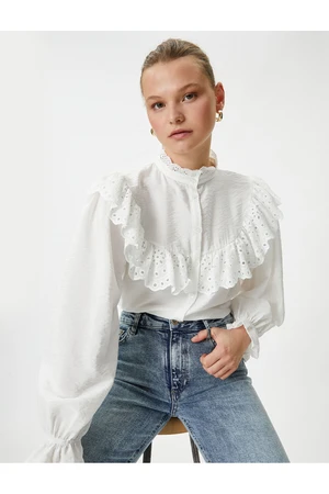 Koton Balloon Sleeve Shirt with Scallop Ruffles and Buttons