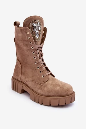 Suede work ankle boots with jewelry decoration, dark beige Marx