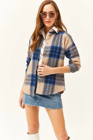 Olalook Women's Stone Navy Blue Plaid Lumberjack Shirt