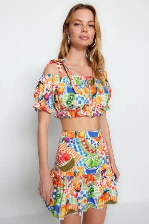 Trendyol Fruit Patterned Woven Ruffle Blouse and Skirt Set