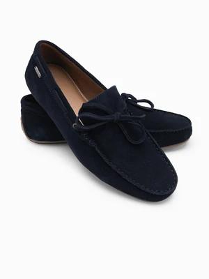 Ombre Men's leather moccasin shoes with thong and driver sole - navy blue