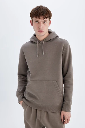 DEFACTO Brown Pocket Regular Fit Hooded Soft Furry Basic Plain Sweatshirt