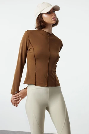 Trendyol Brown Micro Stitching and Reflective Print Detailed Sports Knitted Top/Blouse