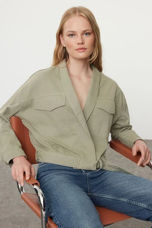 Trendyol Khaki Pocket Detailed Belted Oversize Denim Jacket