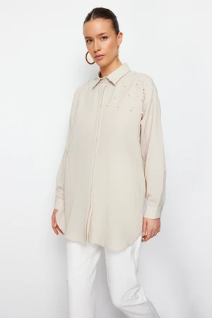 Trendyol Stone Pearl Detailed Cotton Woven Shirt