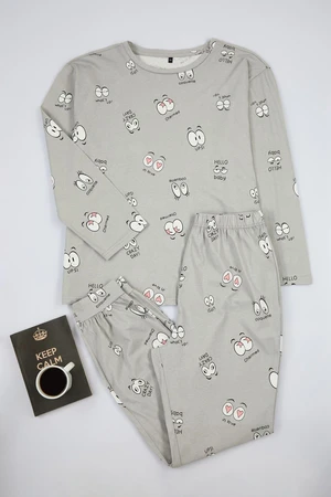 Trendyol Curve Gray Eye Patterned T-shirt-Jogger Knitted Pajama Set