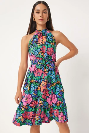 Happiness İstanbul Women's Pink Blue Belted Floral Patterned Midi Dress