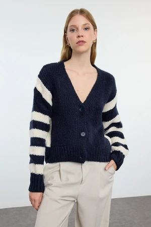 Trendyol Navy Blue Soft Texture Striped Color Block Knitwear Cardigan