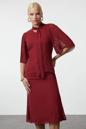 Trendyol Burgundy Pleated Sleeve Tied Collar A-Line Lined Midi Chiffon Woven Winter Dress