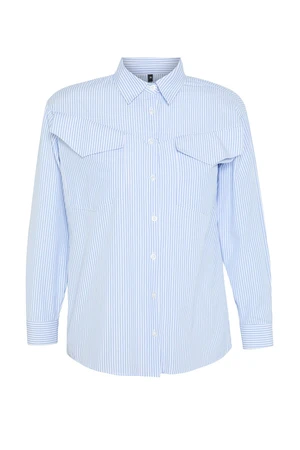 Trendyol Blue Padding Detailed Striped Pocket Flap Oversize Wide Fit Shirt