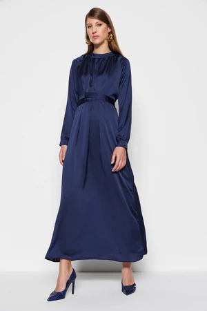 Trendyol Navy Blue Belted Satin Evening Dress with Belt