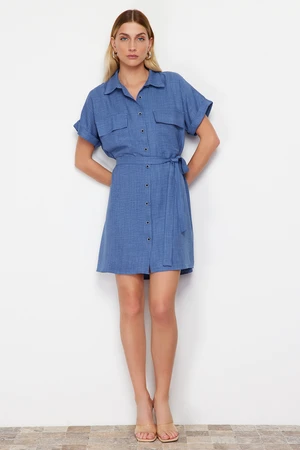 Trendyol Indigo Belted Pocket Detailed Mini Woven Shirt Dress