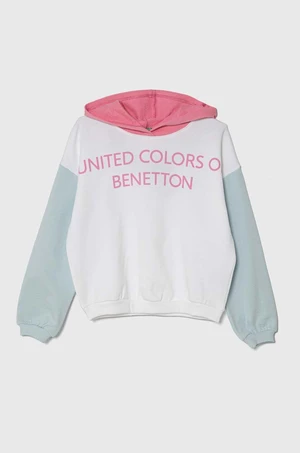 Dětská bavlněná mikina United Colors of Benetton bílá barva, s kapucí, s potiskem