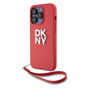 Zaní kryt DKNY PU Leather Stack Logo Wrist Strap pro Apple iPhone 14 Pro, červená