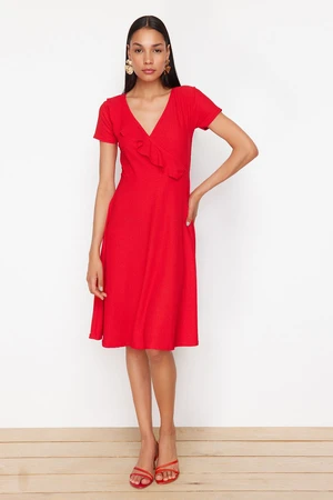 Trendyol Red Ruffled Double Breasted Closed Skater/Waist Opened Flexible Midi Knitted Dress