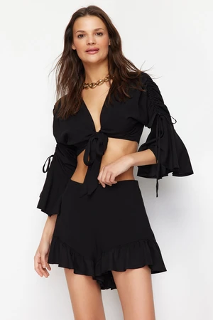 Trendyol Black Woven Frilly Blouse Shorts Set