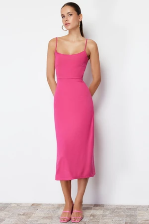 Trendyol Fuchsia Cut Out Detailed Slit Body Fitted Strap Midi Flexible Knitted Pencil Dress