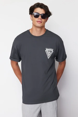 Trendyol Anthracite Oversize/Wide Cut City Printed 100% T-Shirt