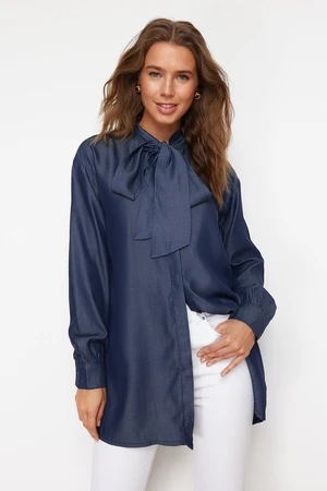 Trendyol Blue Denim Modest Oversize Shirt with Tie Detail