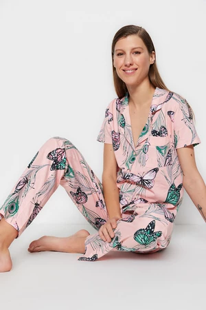 Trendyol Pink 100% Cotton Butterfly Patterned Shirt-Pants Knitted Pajama Set