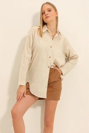 Trend Alaçatı Stili Women's Beige Motif Oversize Linen Shirt