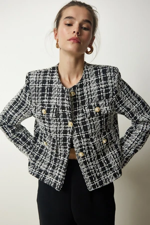 Happiness İstanbul Women's Black and White Stylish Buttoned Woven Tweed Jacket