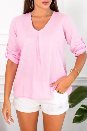 armonika Women's Pink V-Neck Pleat Detailed Blouse with Epaulette Sleeves