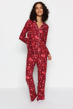 Trendyol Burgundy Galaxy Patterned Shirt-Pants Woven Pajamas Set