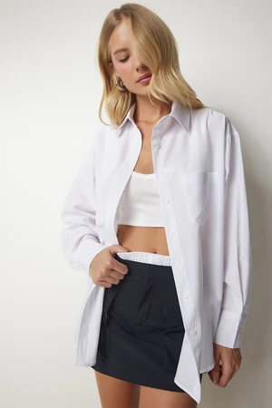 Happiness İstanbul Women's White One Pocket Boyfriend Poplin Shirt