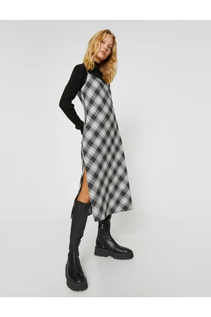 Koton Checkered Midi Dress with Slits and Straps