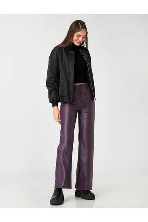 Koton Leather Look Trousers High Waist Wide Legs with Buttons, Pocket Detailed.