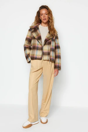 Trendyol Multi-colored Checkered Patterned Hairy Stamp Coat