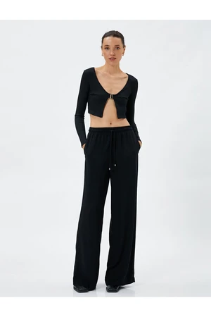 Koton Wide Leg Trousers With Tie Waist, Comfortable Cut, Pocket Detailed Cotton.