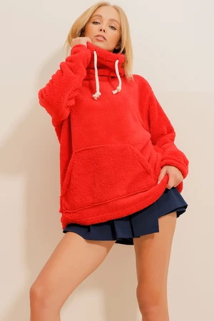 Trend Alaçatı Stili Women's Red High Neck Kangaroo Pocket Plush Sweatshirt